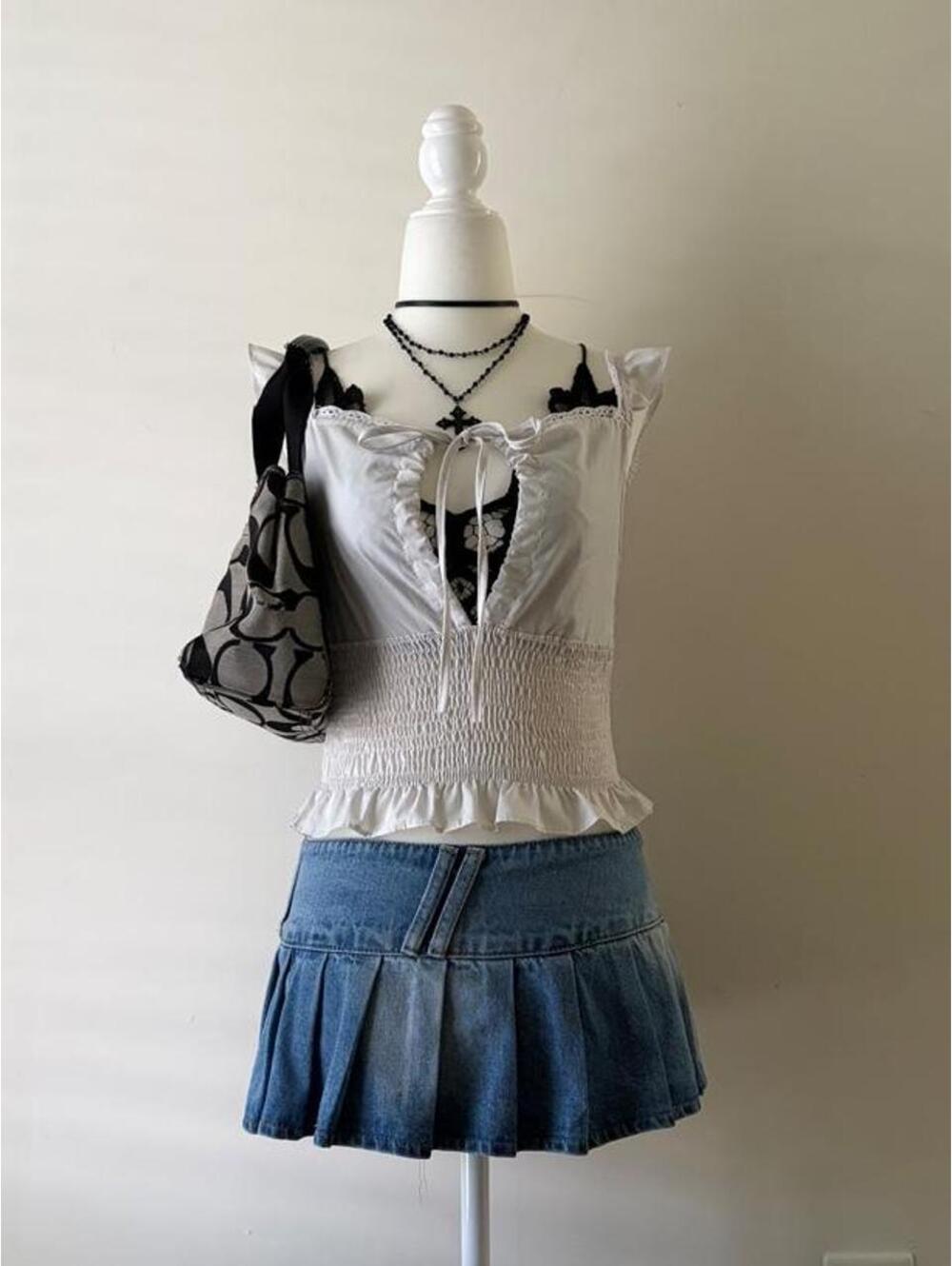 Y2K White Ruffle Tie Front Smocked Fairy Cami Top
